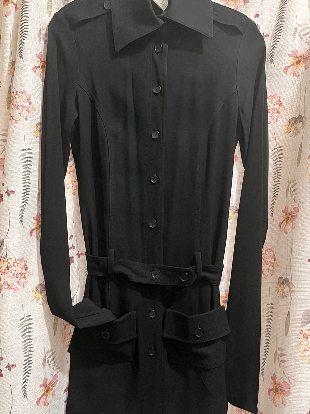 Patrizia Pepe Black Long Sleeve Button-Front Shirt Dress with Belted Waist